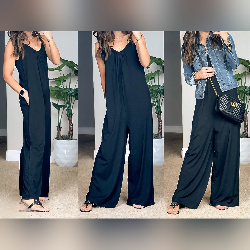 Boho Black Loose Fit Wide Leg Cami Jumpsuit Women's Plus Size 4XL
